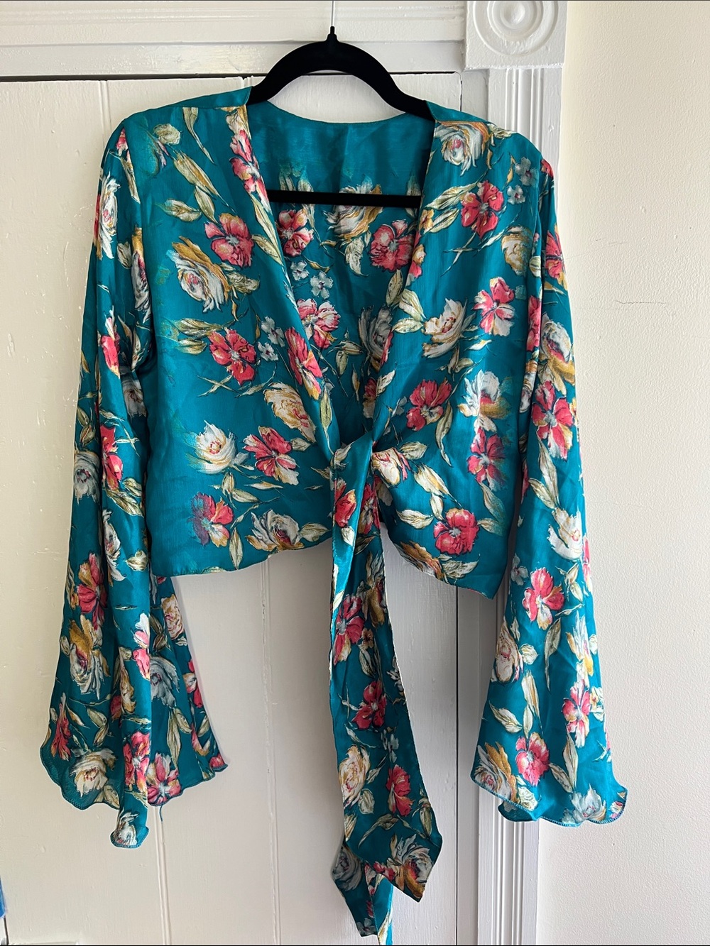 Teal Floral Tie-Front Women’s Blouse